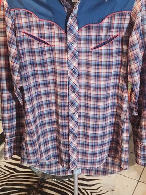 80s Vtg Men's Blue and Red Plaid Western Shirt